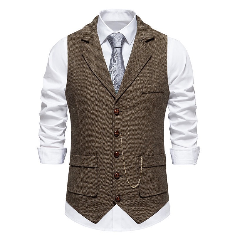Men's Herringbone Tweed Suit Vest Casual Wool Blend Waistcoat