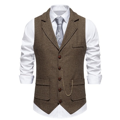 Men's Herringbone Tweed Suit Vest Casual Wool Blend Waistcoat