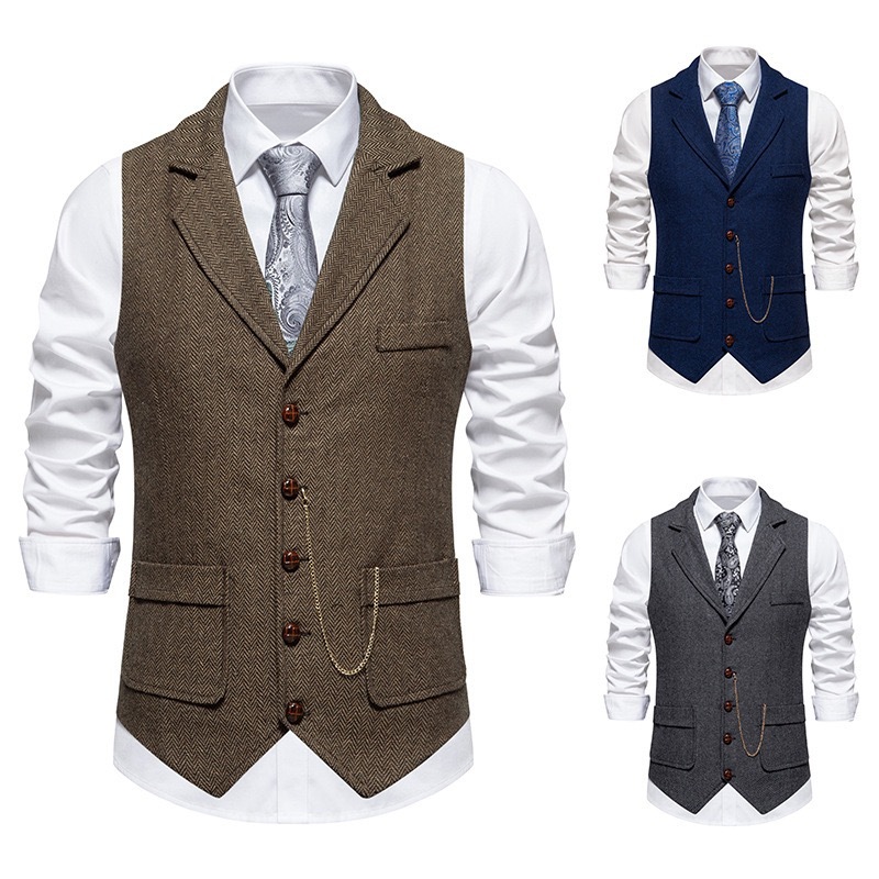 Men's Herringbone Tweed Suit Vest Casual Wool Blend Waistcoat