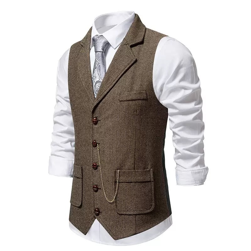 Men's Herringbone Tweed Suit Vest Casual Wool Blend Waistcoat