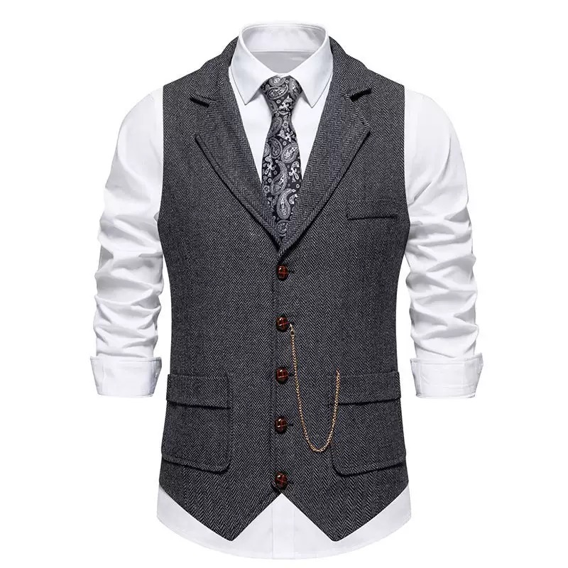 Men's Herringbone Tweed Suit Vest Casual Wool Blend Waistcoat