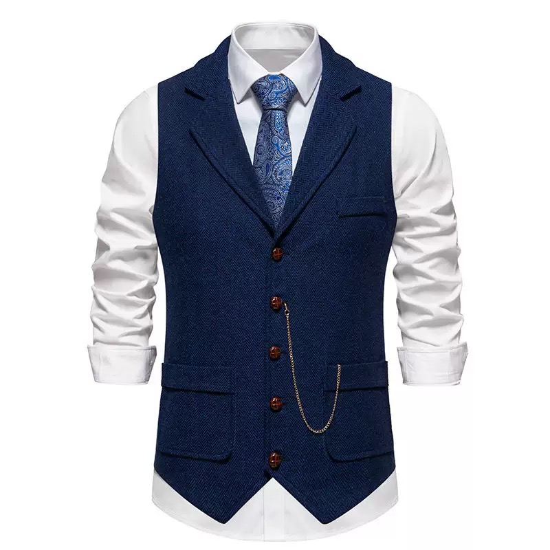 Men's Herringbone Tweed Suit Vest Casual Wool Blend Waistcoat