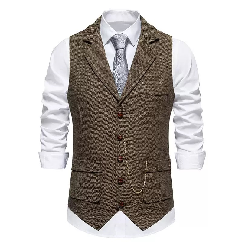 Men's Herringbone Tweed Suit Vest Casual Wool Blend Waistcoat