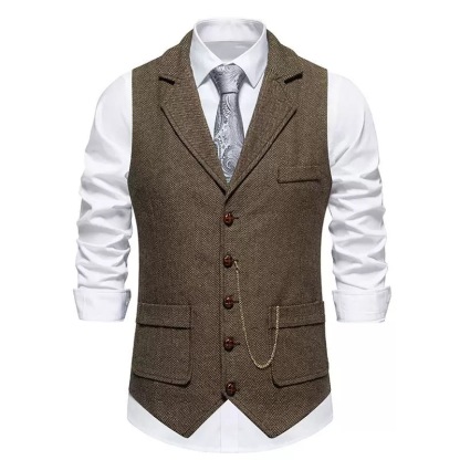 Men's Herringbone Tweed Suit Vest Casual Wool Blend Waistcoat