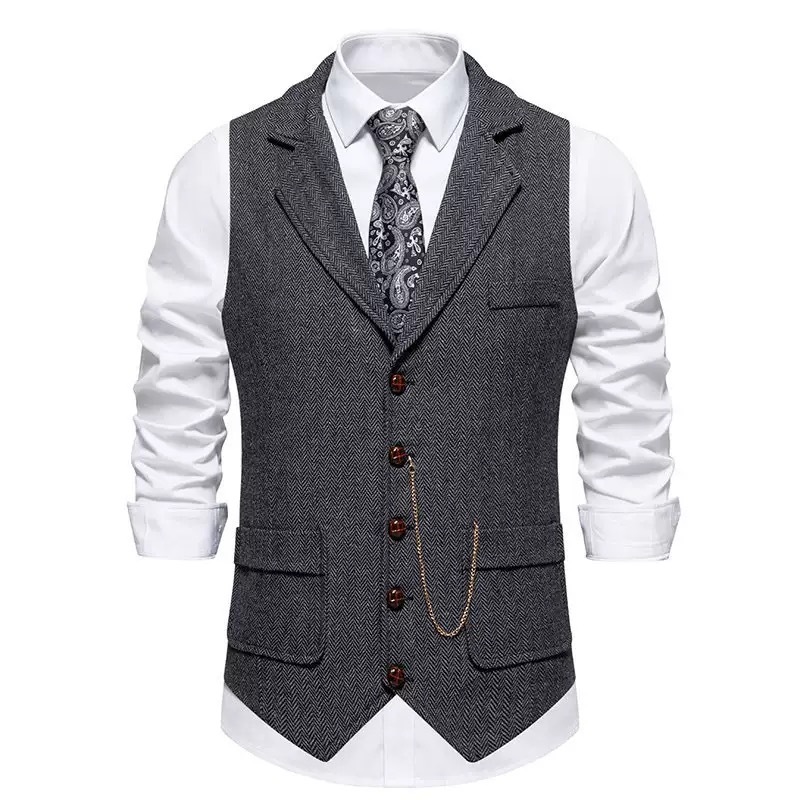 Men's Herringbone Tweed Suit Vest Casual Wool Blend Waistcoat