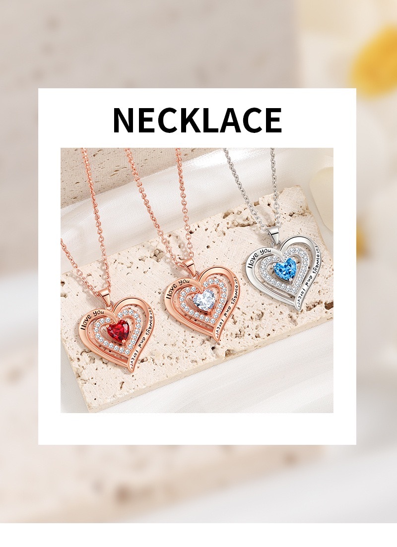 Forever Love Heart Necklaces for Women, Wedding Anniversary, Birthday Mothers Day Gifts for Mom, Mother, Wife, Girlfriend, S925 Silver Jewelry with Birthstone Pendant