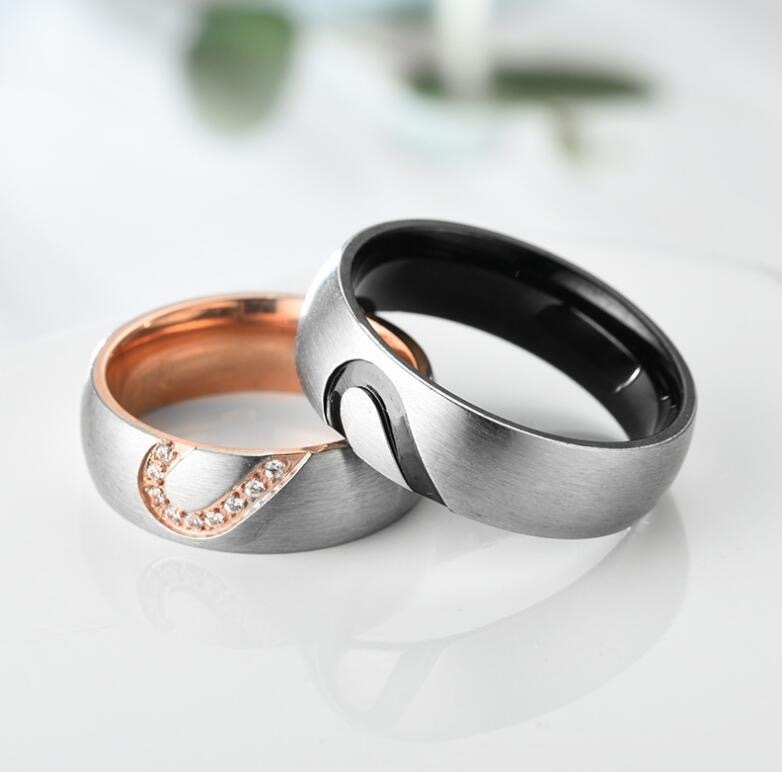 Matching Promise Rings for Couples Love You Forever Wedding Bands Sets for Him and Her Half Heart Rings Stainless Steel 6mm with Box Comfort Fit