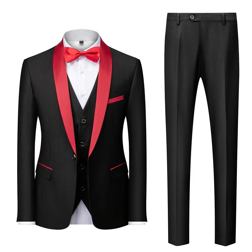 Men's Slim Fit 3 Piece Suit One Button Solid Shawl Lapel Blazer Jacket Vest Pants Set with Tie Pocket Square