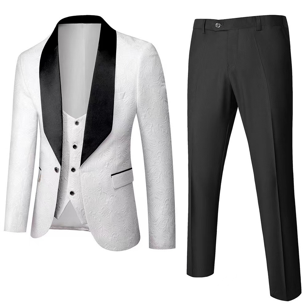 Men's 3 Piece Slim Fit Tuxedo Set, Solid Shawl Collar Jacquard Jacket 