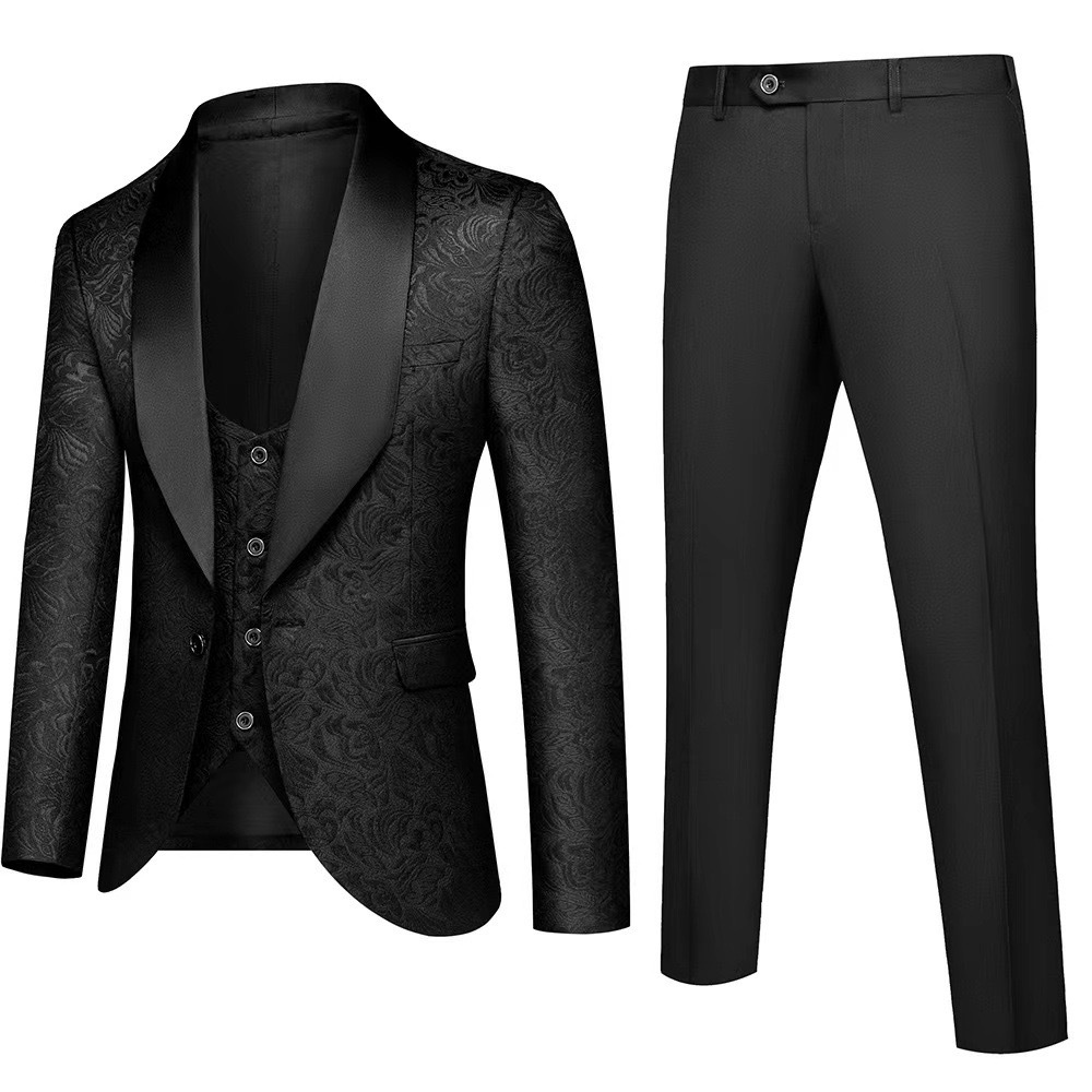 Men's 3 Piece Slim Fit Tuxedo Set, Solid Shawl Collar Jacquard Jacket Vest Button Pants