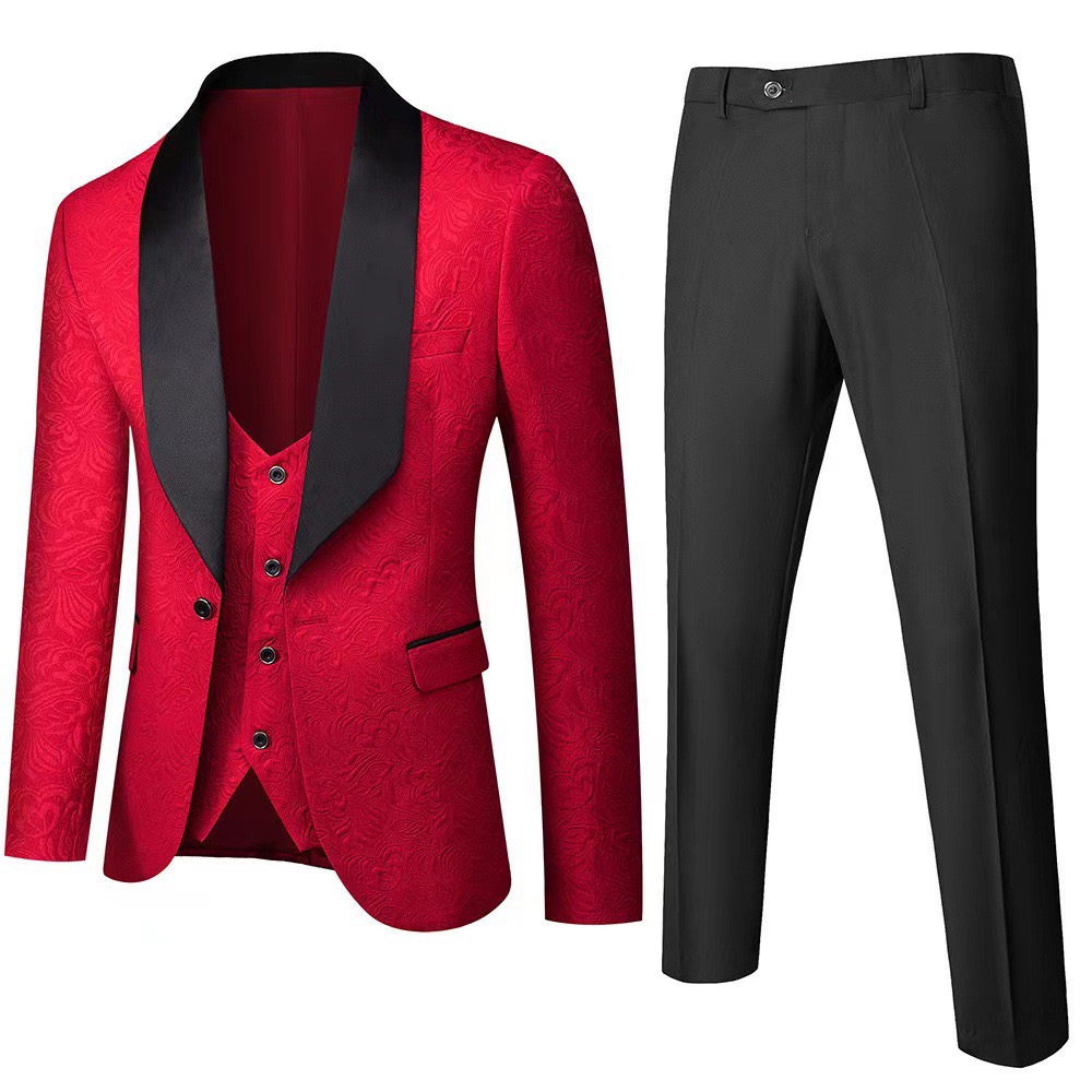 Men's 3 Piece Slim Fit Tuxedo Set, Solid Shawl Collar Jacquard Jacket Vest Button Pants