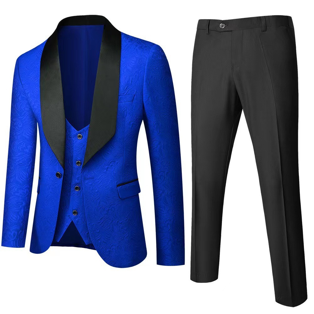 Men's 3 Piece Slim Fit Tuxedo Set, Solid Shawl Collar Jacquard Jacket Vest Button Pants