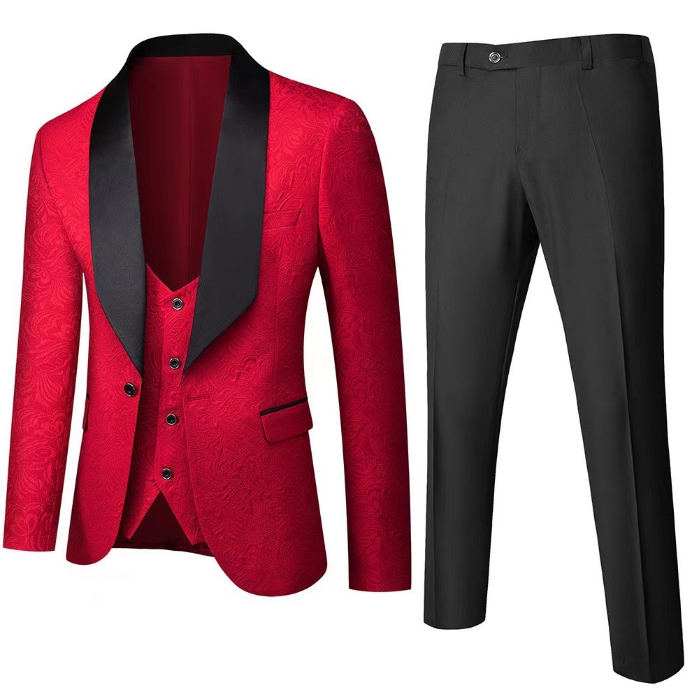 Men's 3 Piece Slim Fit Tuxedo Set, Solid Shawl Collar Jacquard Jacket Vest Button Pants