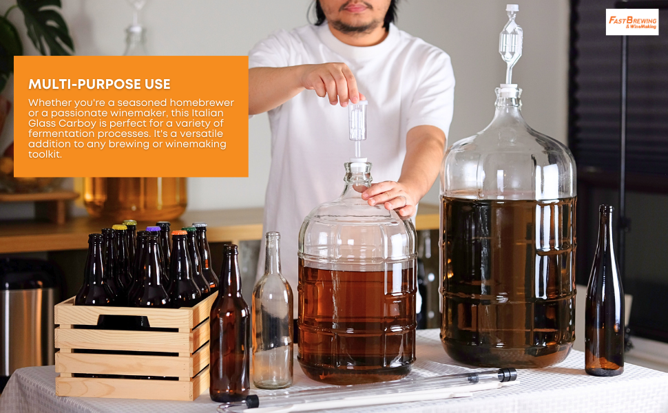 A man homebrewing wine and beer in carboys