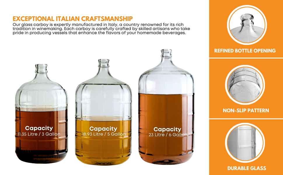 Different sizes of Italian Carboy, 3 Gallon, 5 Gallon, and 6 Gallon