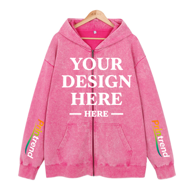Custom DTG Print Washed Zipper Hoodie for Your Unique Style, 7 Colors 450gsm Pure Color Tops