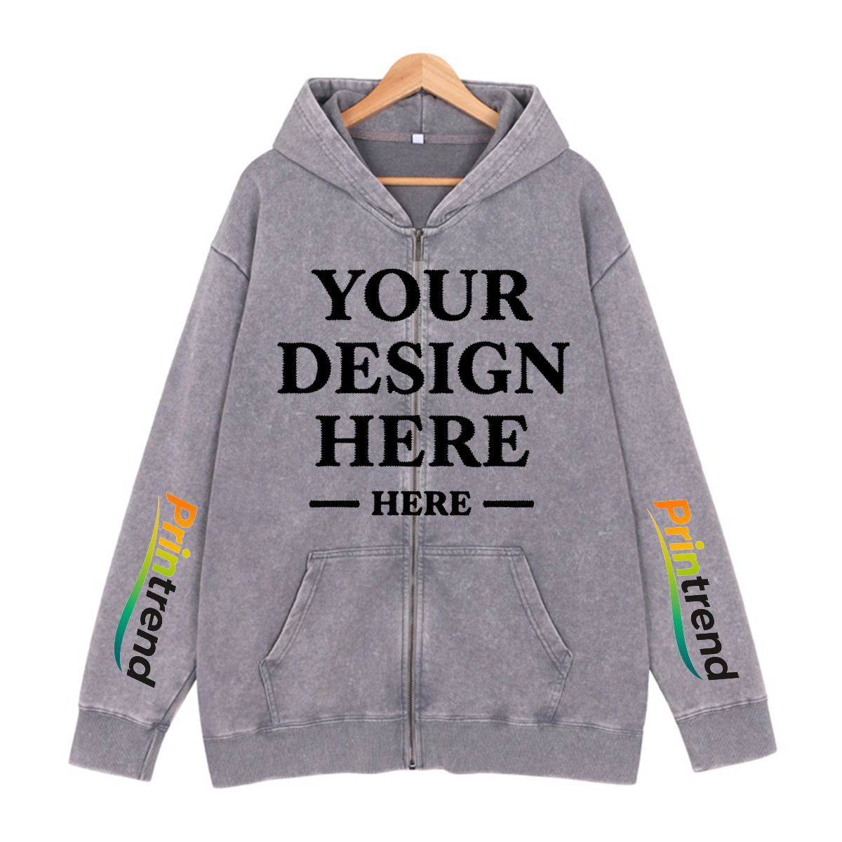 Custom DTG Print Washed Zipper Hoodie for Your Unique Style, 7 Colors 450gsm Pure Color Tops