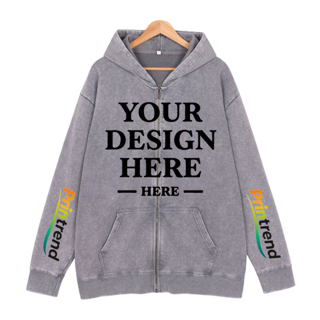Custom DTG Print Washed Zipper Hoodie for Your Unique Style, 7 Colors 450gsm Pure Color Tops