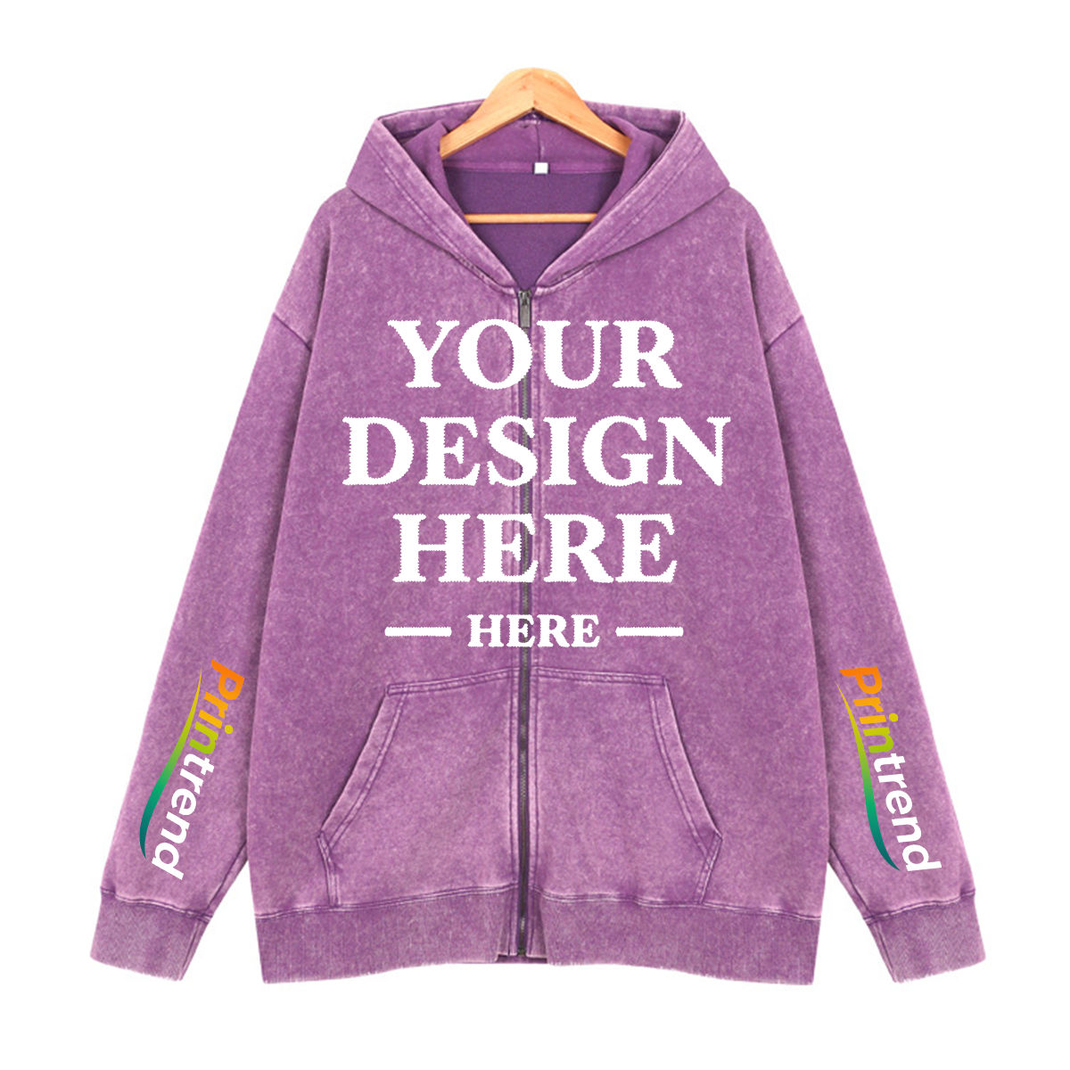 Custom DTG Print Washed Zipper Hoodie for Your Unique Style, 7 Colors 450gsm Pure Color Tops