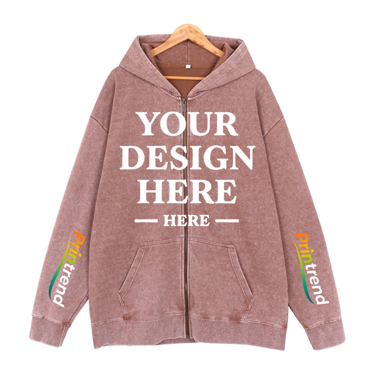Custom DTG Print Washed Zipper Hoodie for Your Unique Style, 7 Colors 450gsm Pure Color Tops