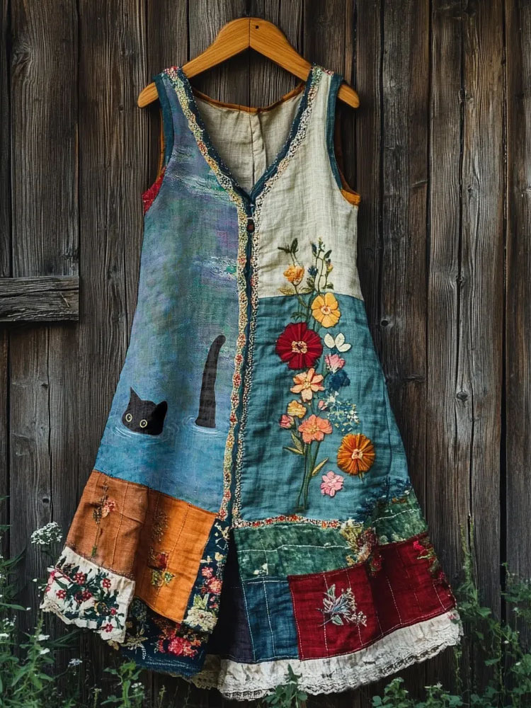 Vintage Black Cat And Floral Patchwork Linen Tank Dress