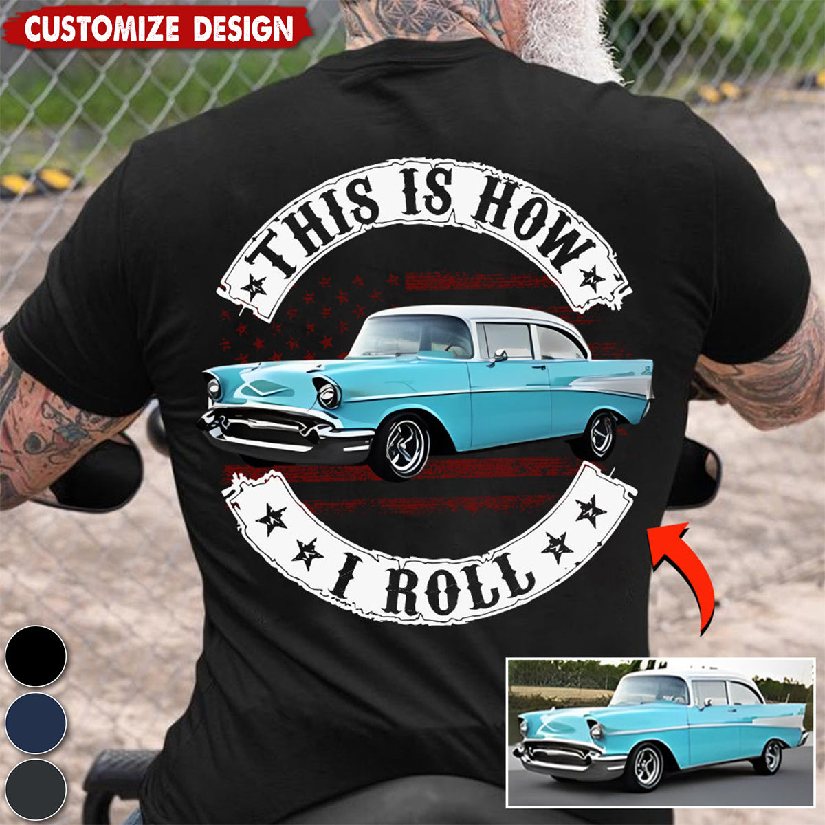 Custom Personalized Luxe Exclusive Design Embroidery & Print Vehicle Photo Print Back T-Shirt-Gift For Car Lover