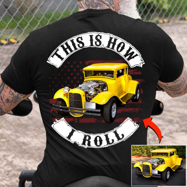 Custom Personalized Luxe Exclusive Design Embroidery & Print Vehicle Photo Print Back T-Shirt-Gift For Car Lover