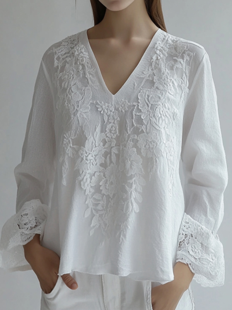 Vintage Floral Lace Embroidered V Neck Comfy Tunic