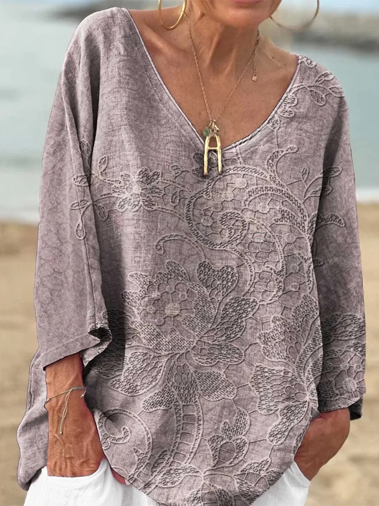 Vintage Floral V-neck Loose Linen Blend T-shirt