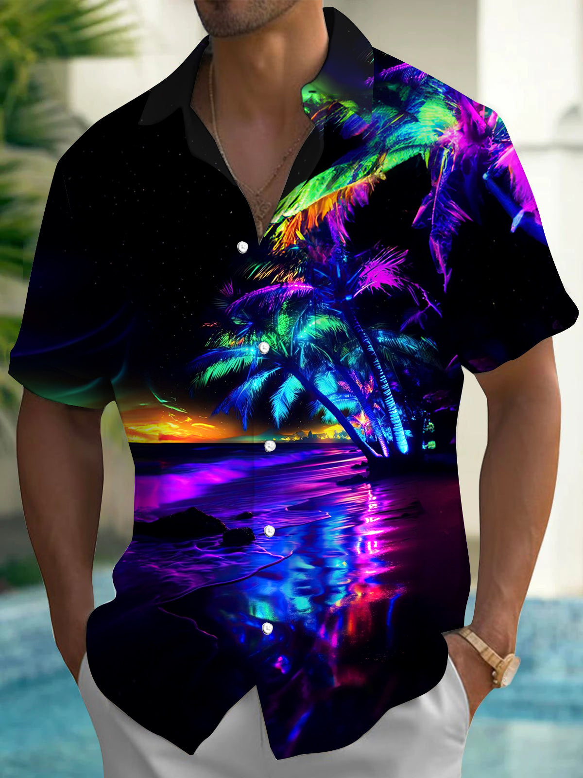 Exquisite Craftsmanship Coconut Tree Men's Short Sleeve High-Quality Pocket Shirts