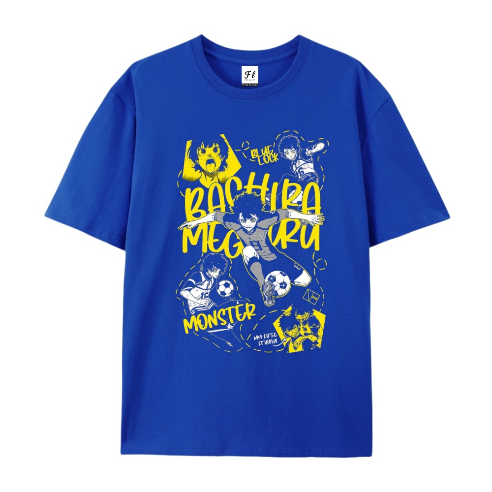 Pure Cotton Unisex Round Neck Anime T-Shirt Blue Lock