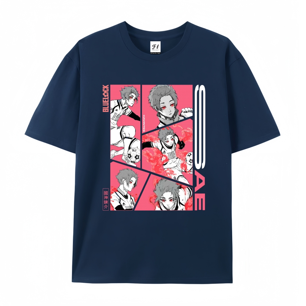 Pure Cotton Unisex Round Neck Anime T-Shirt Blue Lock