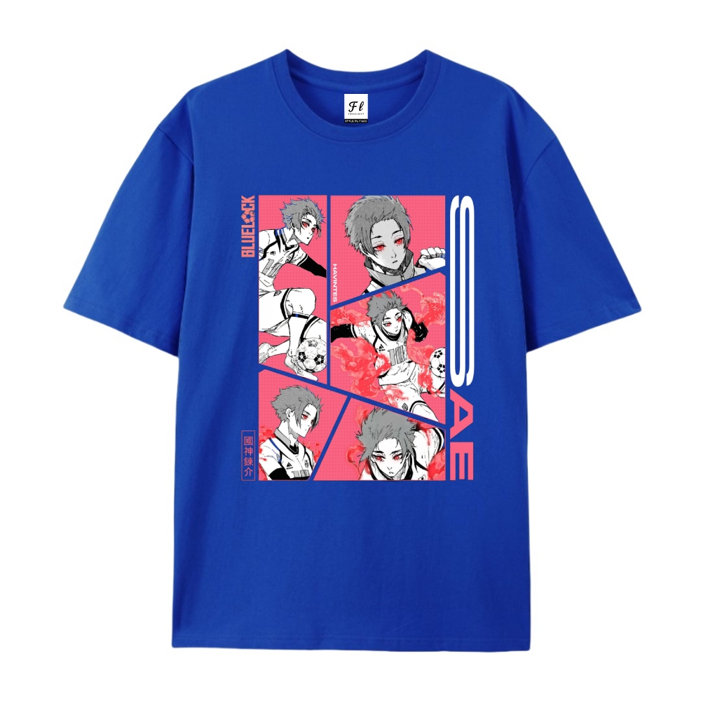 Pure Cotton Unisex Round Neck Anime T-Shirt Blue Lock