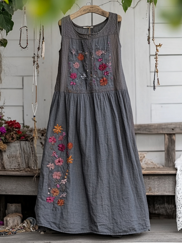 Elegant And Fashionable Floral Patch Cotton And Linen Sleeveless Women's Dress