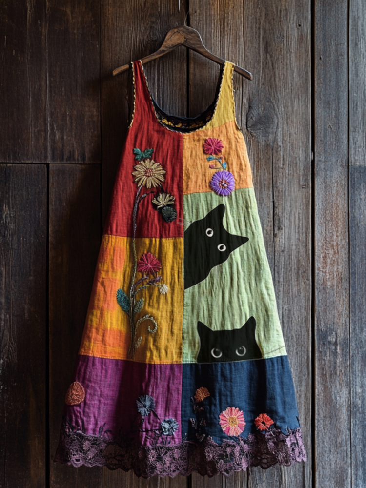 Vintage Abstract Creative Cute Black Cat  With Floral Patchwork Art Linen Tank Dress