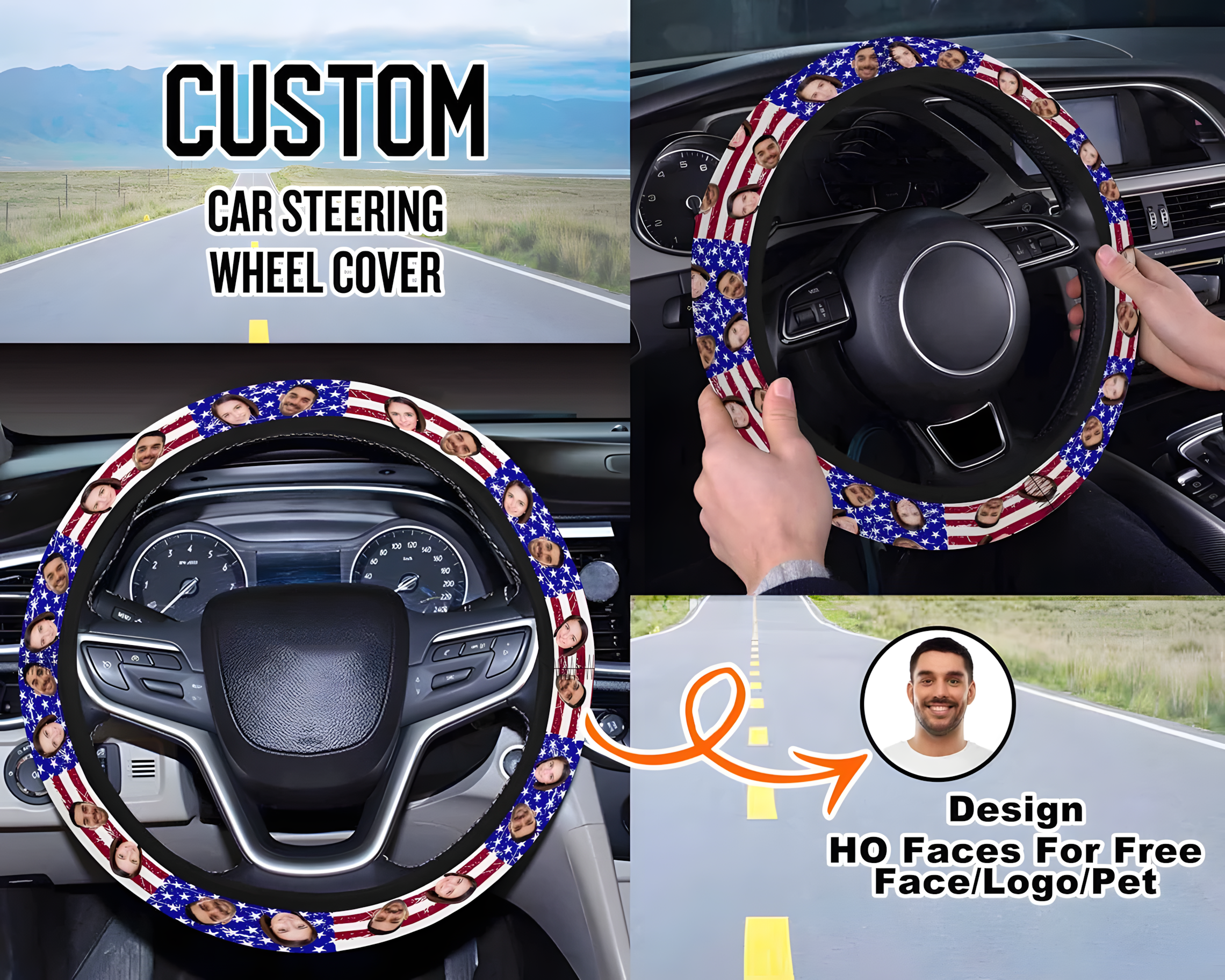 Custom Car Steering Wheel Cover Personalized American Flag Picture Anti-slip Cover Father's Day Gifts