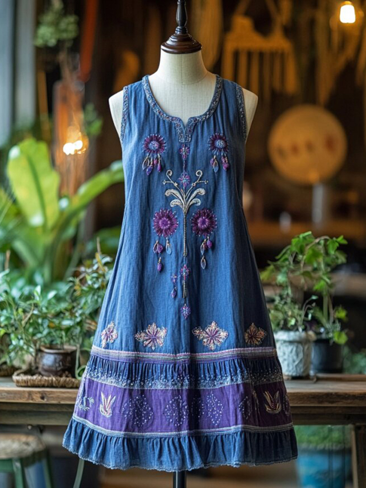 Vintage Bohemian Floral Embroidery Linen Mini Dress