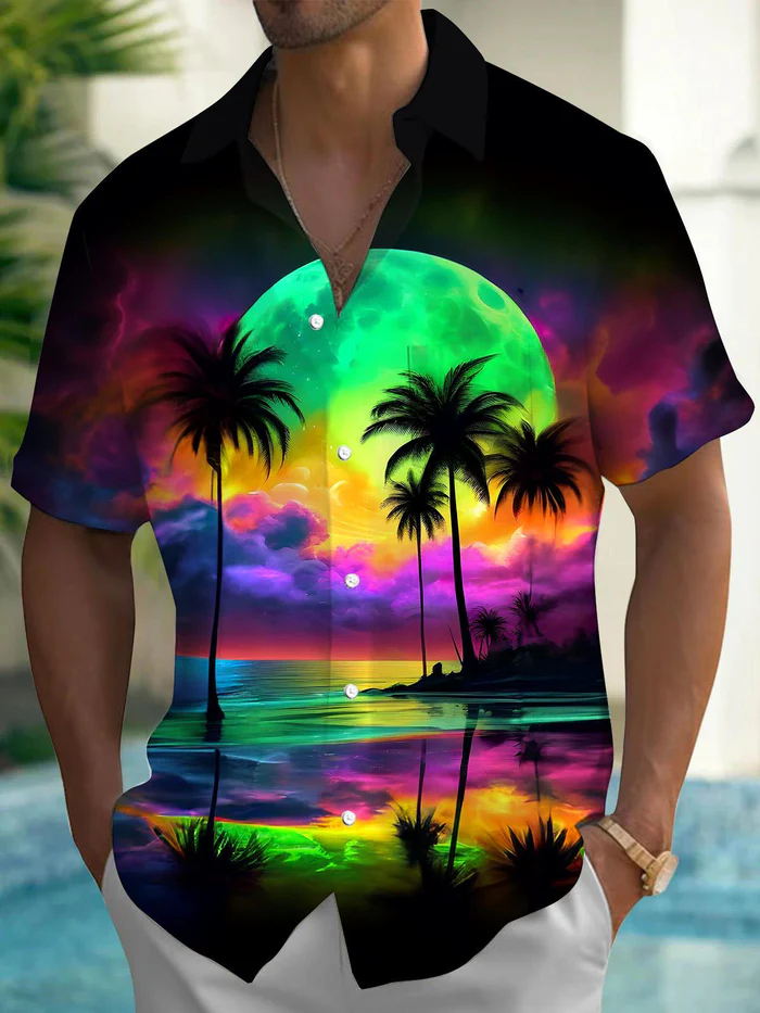 Exquisite Craftsmanship Coconut Tree Men's Short Sleeve High-Quality Pocket Shirts