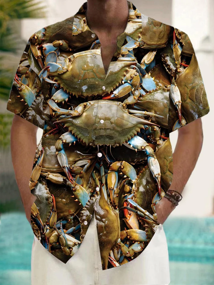 Exquisite Craftsmanship Seafood Crab Print Men's Short Sleeve High-Quality Pocket Shirts