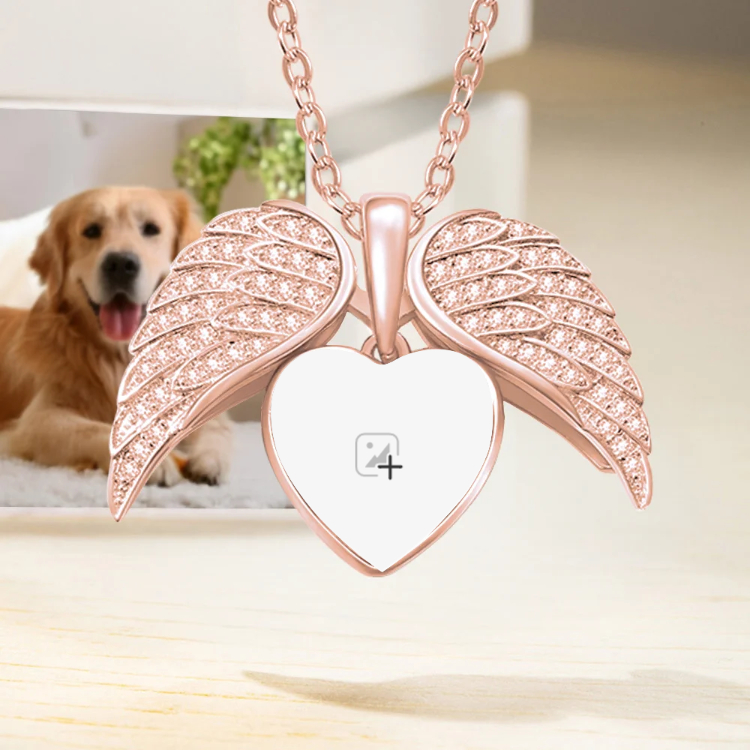 Personalized Heart Shaped Zircon Angel Wings Photo Necklace with Name Memorial Jewelry Birthday Gift for Dog Cat Pet Lovers
