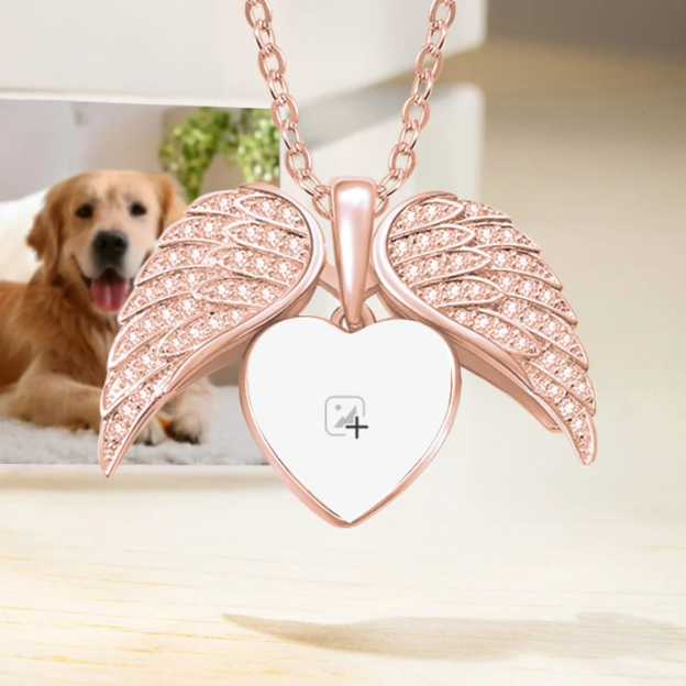 Personalized Heart Shaped Zircon Angel Wings Photo Necklace with Name Memorial Jewelry Birthday Gift for Dog Cat Pet Lovers