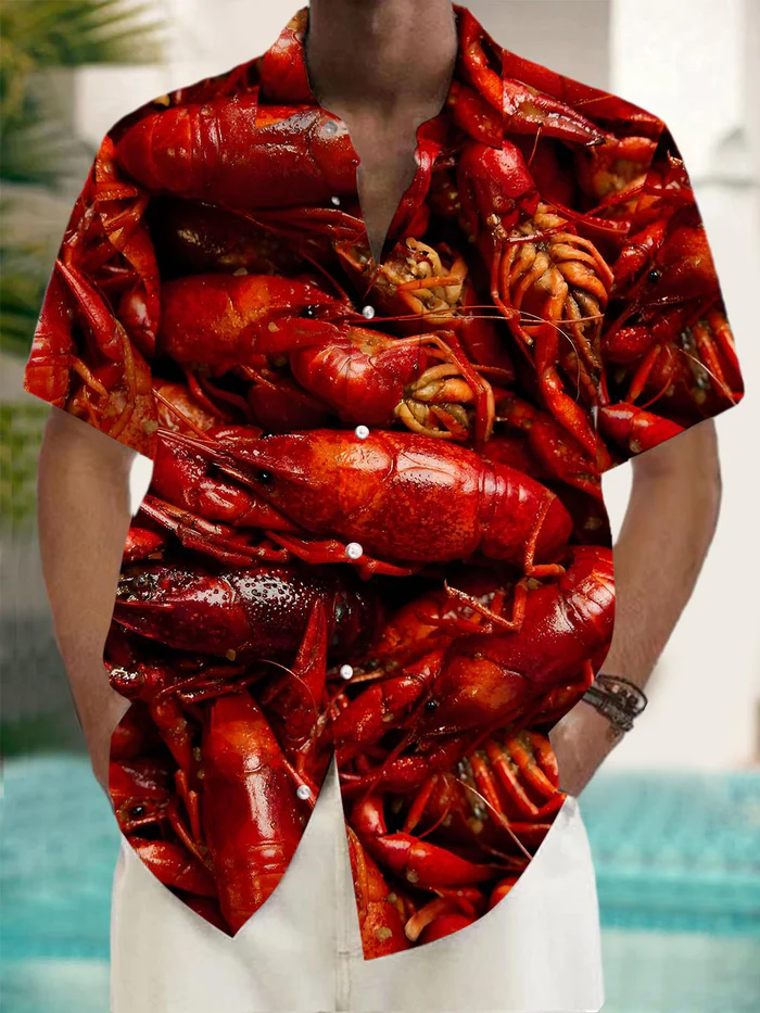 Exquisite Craftsmanship Crayfish Print Men's Short Sleeve High-Quality Pocket Shirts