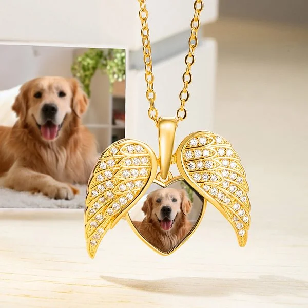 Personalized Heart Shaped Zircon Angel Wings Photo Necklace with Name Memorial Jewelry Birthday Gift for Dog Cat Pet Lovers