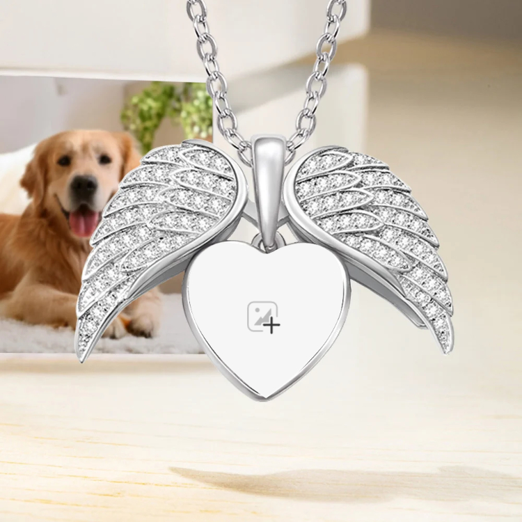 Personalized Heart Shaped Zircon Angel Wings Photo Necklace with Name Memorial Jewelry Birthday Gift for Dog Cat Pet Lovers