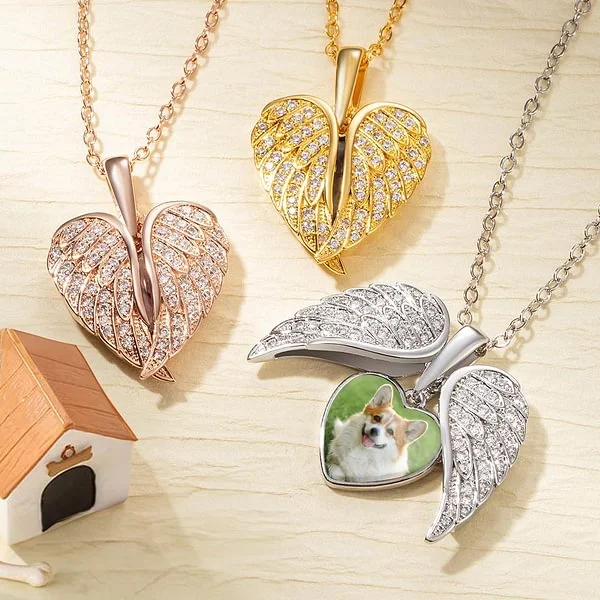 Personalized Heart Shaped Zircon Angel Wings Photo Necklace with Name Memorial Jewelry Birthday Gift for Dog Cat Pet Lovers