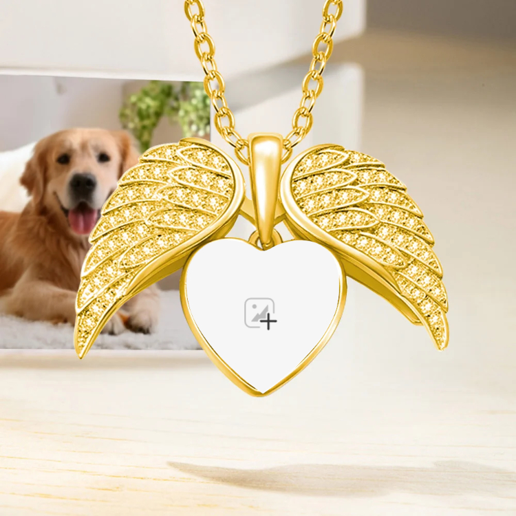 Personalized Heart Shaped Zircon Angel Wings Photo Necklace with Name