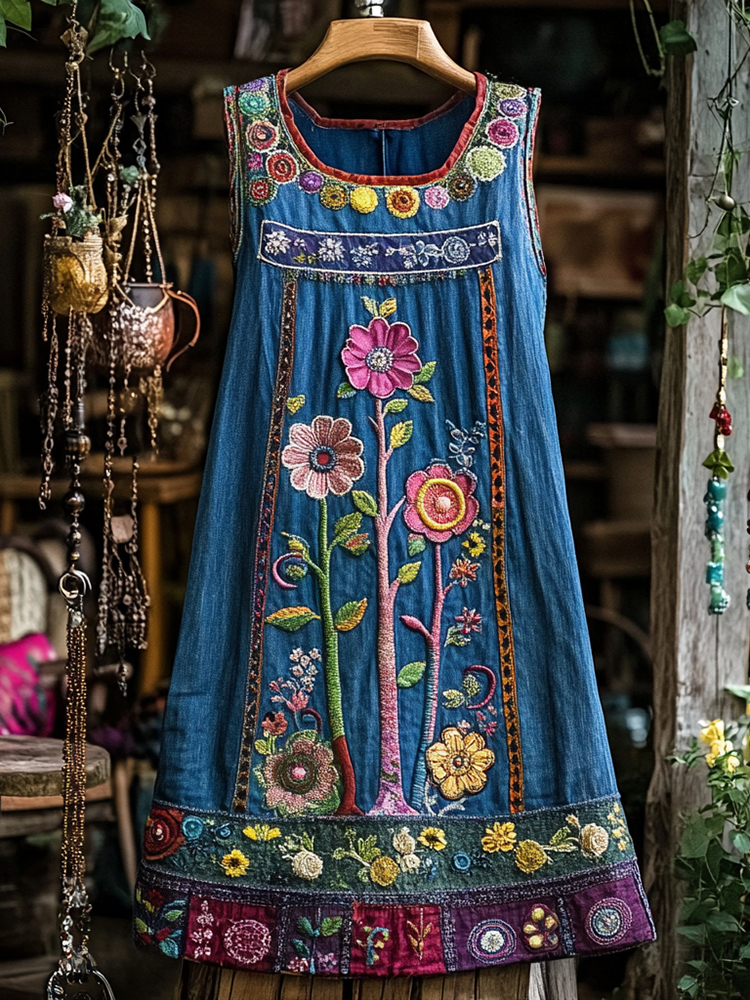 Vintage Bohemian Floral Denim Art Sleeveless Dress