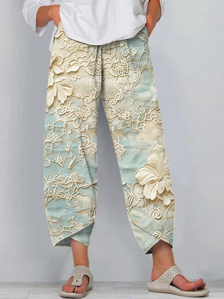 Boho Lace Floral Embroidered Linen Blend Pants