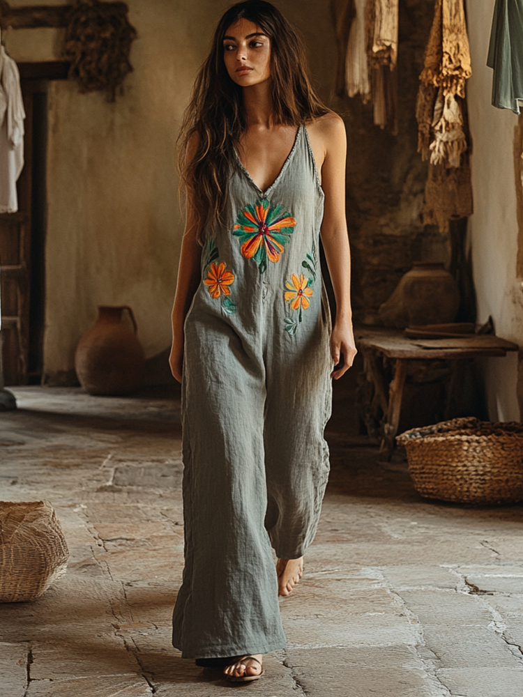 Vintage Floral Embroidered Pattern Art Linen Blend Loose Casual Jumpsuit