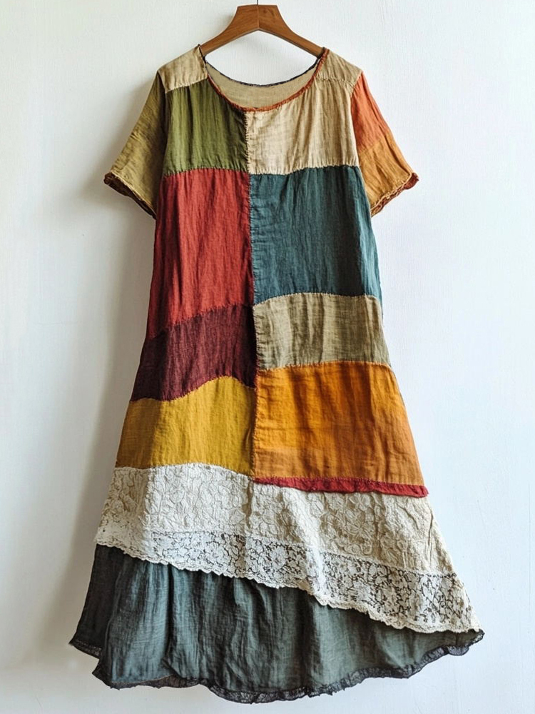 Lace Patchwork Art Linen Blend Maxi Dress